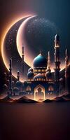 Amazing architecture design of muslim mosque, crescent moon, starry background, ramadan mubarak concept, . Shiny lights. photo