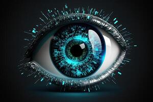 Eye Hologram in Closeup, Futuristic Vision Scan Technology. . photo