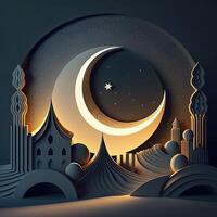 Amazing architecture design of muslim mosque, crescent moon and star, ramadan mubarak concept, . Starry Background. photo