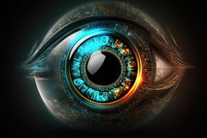 Eye Hologram in Closeup, Futuristic Vision Scan Technology. . photo