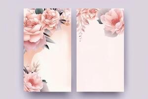 Watercolour flowers drawing, decorated paper background, vertical banners collection for invitation, spring and wedding card, copy space at center. photo