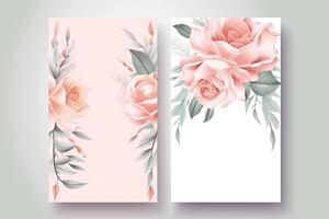 Watercolour roses flowers drawing, decorated paper background, vertical banners collection for invitation, spring and wedding card, copy space at center. photo