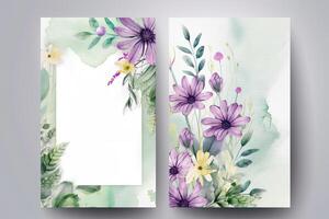 Watercolor Botanic Composition Vertical Background or Card Design with Flowers, Leaves. Illustration. photo