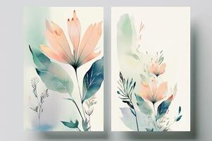 Watercolor Botanic Composition Vertical Background or Card Design with Flowers, Leaves. Illustration. photo