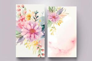 Watercolor Botanic Composition Vertical Background or Card Design with Flowers, Leaves. Illustration. photo