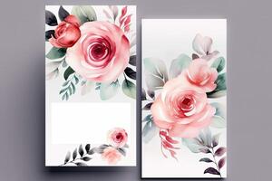 Watercolour roses flowers drawing, decorated paper background, vertical banners collection for invitation, spring and wedding card, copy space at center. photo