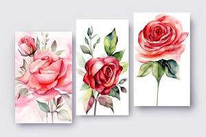 acuarela rosas flores dibujo, decorado papel fondo, vertical pancartas colección para invitación, primavera y Boda tarjeta, Copiar espacio a centro. generativo ai foto