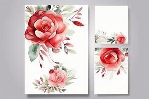 Watercolour roses flowers drawing, decorated paper background, vertical banners collection for invitation, spring and wedding card, copy space at center. photo