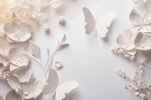 Top View 3d Wallpaper, White Flowers with Branches having Bright Light Color Incredibly Detailed Butterflies. . photo