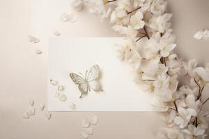 Top View 3d Wallpaper, White Flowers with Branches having Bright Light Color Incredibly Detailed Butterflies. . photo