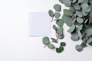 Spring or Summer, Nature Composition Background With Eucalyptus Leaves with Paper Sheet. Illustration. photo