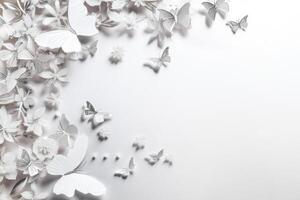 Top View 3d Wallpaper, White Flowers with Branches having Bright Light Color Incredibly Detailed Butterflies. . photo