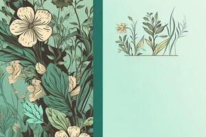 Back and Front View of Floral Greeting Card or Vertical Template. Illustration. photo