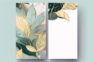 Watercolor Botanical Composition Vertical Background for Card Design with Leaves In Green And Golden Color. Generative AI Illustration. photo