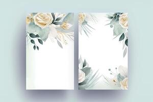 Watercolor Rose Flower and Leaves Decorative Vertical Background Or Card Mockup. Illustration. photo