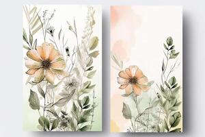 Watercolor Botanic Composition Vertical Background or Card Design with Flowers, Leaves. Illustration. photo
