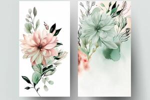 Watercolor Botanic Composition Vertical Background or Card Design with Flowers, Leaves. Generative AI Illustration. photo