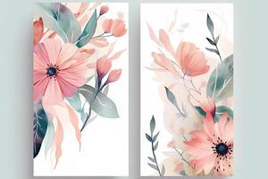 Watercolor Botanic Composition Vertical Background or Card Design with Flowers, Leaves. Generative AI Illustration. photo