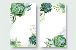 Watercolor Botanical Composition Vertical Background or Card Design with Succulent Flowers, Leaves. Generative AI Illustration. photo