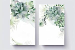 Watercolor Botanical Composition Vertical Background or Card Design with Succulent Flowers, Leaves. Illustration. photo