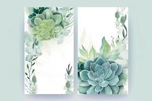 Watercolor Botanical Composition Vertical Background or Card Design with Succulent Flowers, Leaves. Generative AI Illustration. photo