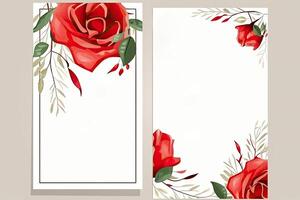 Watercolor Red Rose Flower and Leaves Decorative Vertical Background or Card Mockup. Illustration. photo