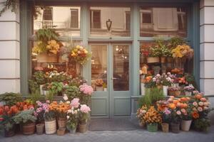 hermosa florista tienda en el calle esquina, generativo ai. foto