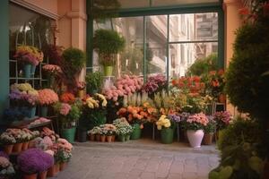 Beautiful Florist Shop on the Street Corner, Generative AI. photo