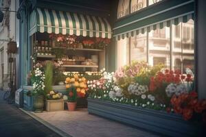 Beautiful Florist Shop on the Street Corner, Generative AI. photo