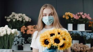 Portrait of Russian Florist Teenage Girl Wearing Mask and Holding Sunflower Bouquet in Her Shop, Generative AI. photo