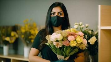 Portrait of Attractive Indian Female Florist Wearing Mask and Holding Beautiful Bouquet in Her Shop, Generative AI. photo