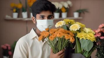 de cerca retrato de indio Adolescente chico vistiendo máscara y participación ramo de flores en florista comercio, generativo ai. foto