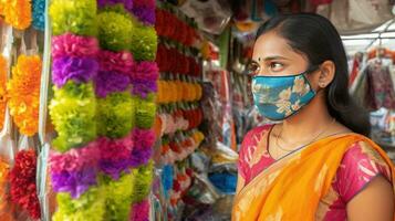 Side Look of Indian Woman Wearing Mask During Shopping from Flower Shop, Generative AI. photo