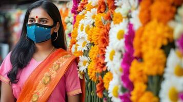 lado Mira de indio mujer vistiendo máscara durante compras desde flor comercio, generativo ai. foto