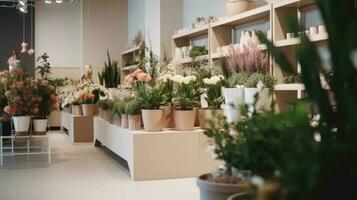 hermosa florista tienda interior, floral diseño estudio. generativo ai. foto