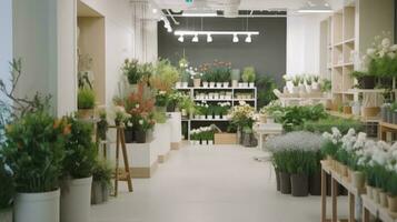 Beautiful Florist Shop Interior, Floral Design Studio. Generative AI. photo