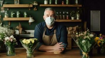 retrato de medio Envejecido masculino florista vistiendo máscara a su almacenar, generativo ai. foto