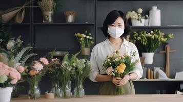 medio Envejecido asiático florista mujer vistiendo máscara y participación ramo de flores en su almacenar, generativo ai. foto