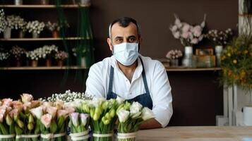 retrato de medio Envejecido masculino florista vistiendo máscara y delantal en su almacenar, generativo ai. foto