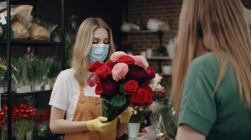 Portrait of Young Female Florist Wearing Mask and Holding Beautiful Bouquet in Her Store, Generative AI. photo