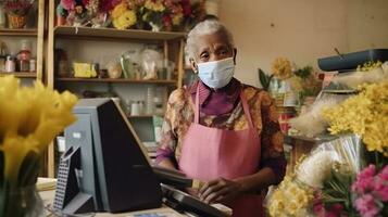 Elderly African Female Florist Assistant Wearing Mask During Working on Desktop in Her Shop, Generative AI. photo