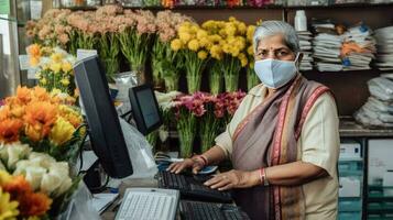 Elderly Indian Female Assistant Wearing Mask During Working in Florist Shop, Generative AI. photo