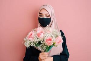 retrato de árabe mujer vistiendo máscara y participación hermosa ramo, generativo ai. foto