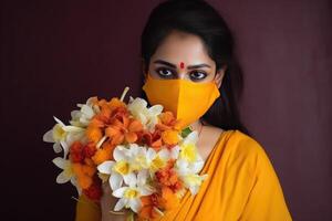 Portrait of Indian Young Woman Wearing Saree and Mask, Holding Beautiful Bouquet, Generative AI. photo