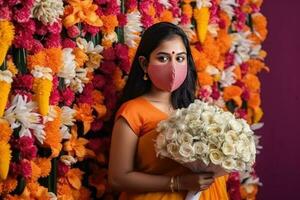 hermosa indio mujer vistiendo sari, máscara y participación blanco Rosa ramo de flores a florista comercio, generativo ai. foto