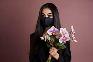 Beautiful Young Girl Wearing Mask and Holding Beautiful Orchid Bouquet, Generative AI. photo