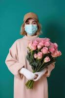 Portrait of Female Florist Wearing Mask and Holding Beautiful Roses Bouquet, Generative AI. photo