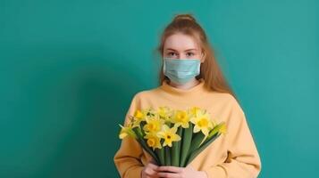 Portrait of Attractive Young Girl Wearing Mask and Holding Daffodil Bouquet, Generative AI. photo