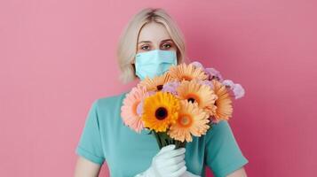 retrato de joven mujer vistiendo máscara y participación gerbera ramo, generativo ai. foto