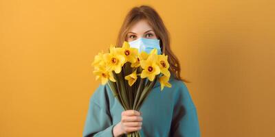 Closeup Portrait of Young Woman Wearing Mask and Holding Beautiful Daffodil Bouquet, Generative AI. photo